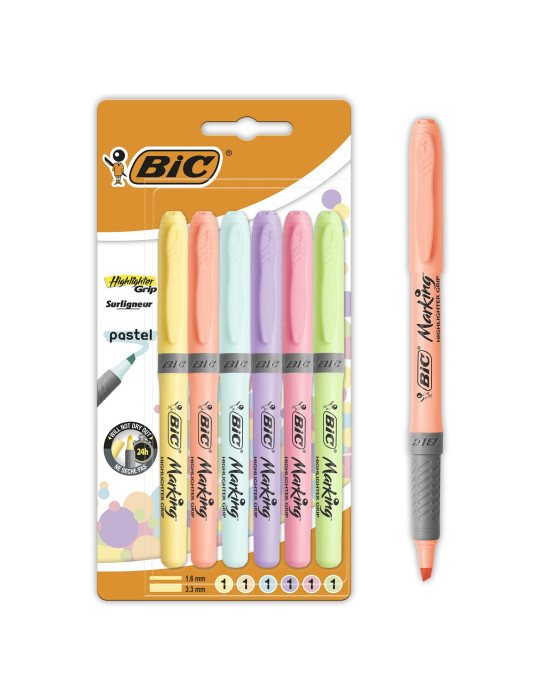 BIC Intensity Highlighter Grip Pastel Marker Fosforlu Kalem 6'lı Blister, Su Bazlı Mürekkep, 6 Pastel Renk, Kauçuk Tutaçlı BIC Intensity Highlighter Grip Pastel Marker Fosforlu Kalem 6'lı Blister, Su Bazlı Mürekkep, 6 Pastel Renk, Kauçuk Tutaçlı