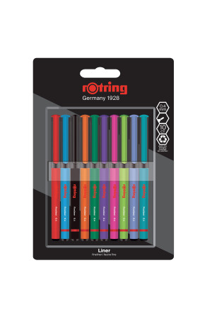 rOtring Fineliner, İnce Keçe Uçlu Kalem 0.4 mm, 10'lu Paket, Karışık Renkler