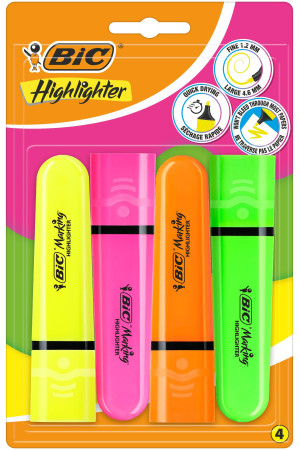 BIC Marking Flat Higlighter Fosforlu Kalem 4'lü Blister, 4 Renk (Sarı, Turuncu, Pembe, Yeşil), Su Bazlı, Hızlı Kuruyan Mürekkep BIC Marking Flat Higlighter Fosforlu Kalem 4'lü Blister, 4 Renk (Sarı, Turuncu, Pembe, Yeşil), Su Bazlı, Hızlı Kuruyan Mürekkep