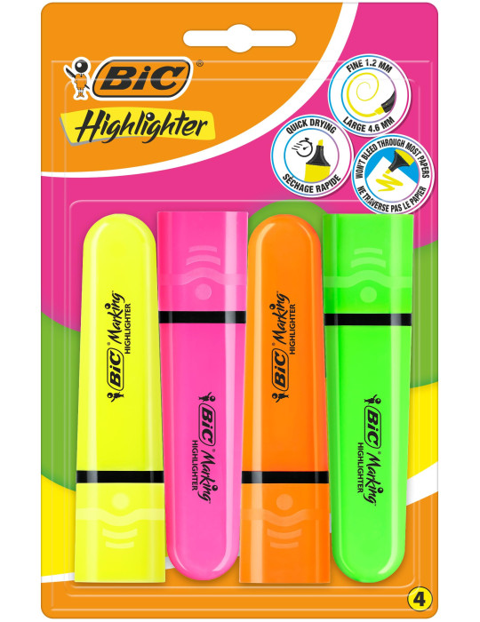 BIC Marking Flat Higlighter Fosforlu Kalem 4'lü Blister, 4 Renk (Sarı, Turuncu, Pembe, Yeşil), Su Bazlı, Hızlı Kuruyan Mürekkep BIC Marking Flat Higlighter Fosforlu Kalem 4'lü Blister, 4 Renk (Sarı, Turuncu, Pembe, Yeşil), Su Bazlı, Hızlı Kuruyan Mürekkep