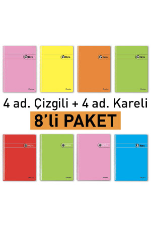 Etika A4 Okul Defteri Spiralli 144 Sayfa Dayanıklı PP Kapak 8'li Paket