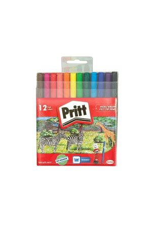Pritt Keçeli Kalemler, çocuk dostu zararsız boya, su bazlı renkli kalem, silinebilir boya kalemi, dayanıklı kırtasiye malzemesi, 12 Renkli Paket