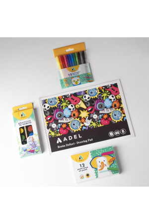 ADEL 4’lü Boyama Seti + Resim Defteri 25x35, 12 Renk, Keçeli Kalem, Kuru,Pastel ve Sulu Boya, Fırça Dahil