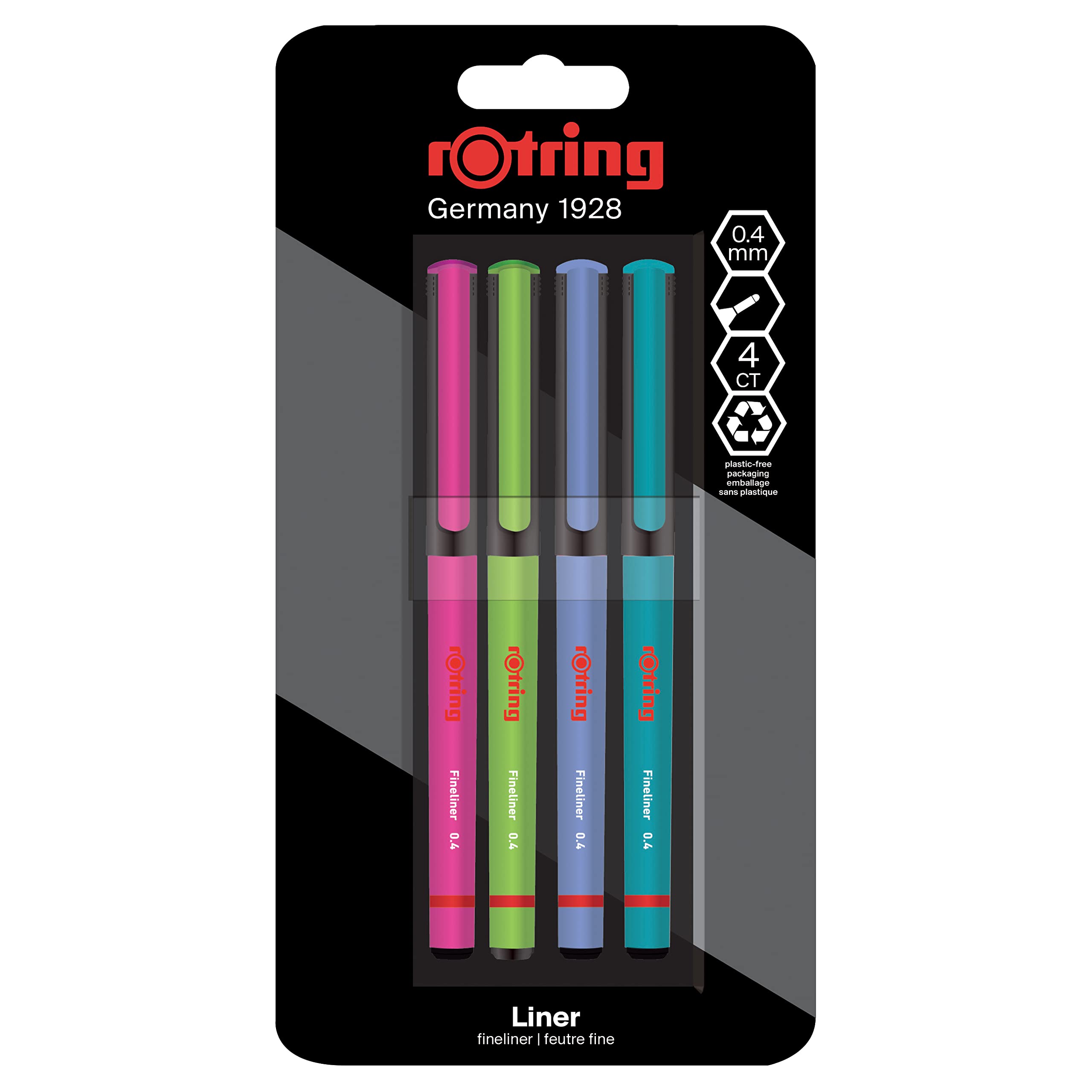 rOtring Fineliner, İnce Keçe Uçlu Kalem 0.4 mm, 4'lü Paket, Canlı Renkler