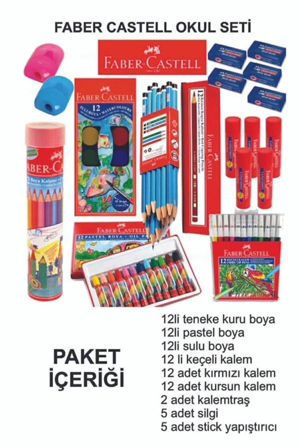 Faber Castell Okul Seti, 12 Renk Kuru Boya, 12 Renk Pastel Boya, 12 Renk Sulu Boya, 12 Renk Keçeli Kalem, Kurşun Kalem, Kırmızı Kalem, Silgi, Kalemtraş, Yapıştırıcı